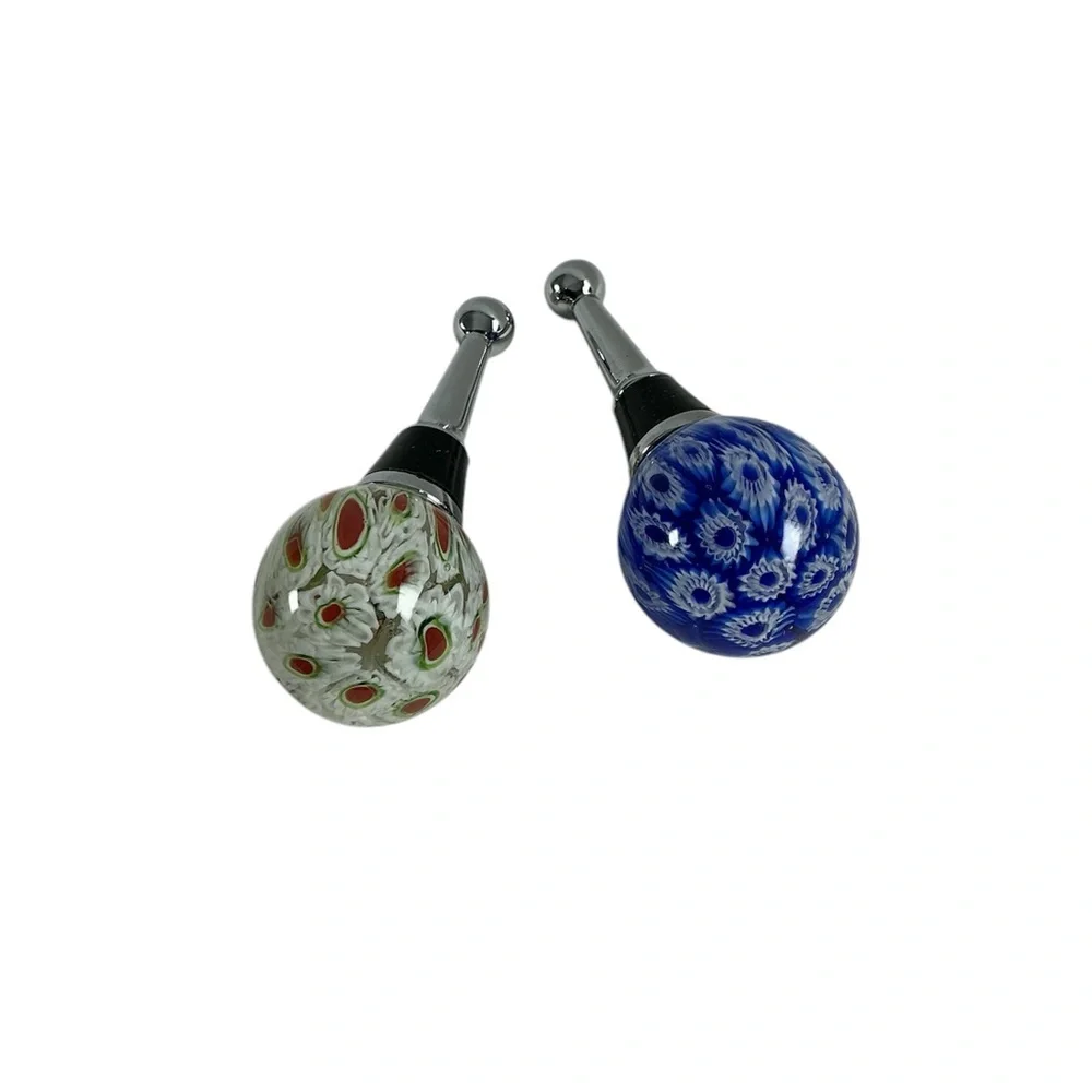Art Glass Wine Stoppers - Millefiore Blues - Set of 2